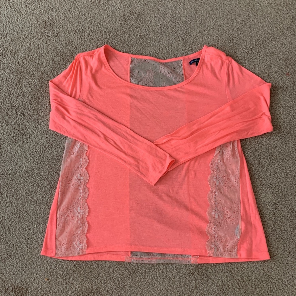 Pink long sleeve tee with lace detail